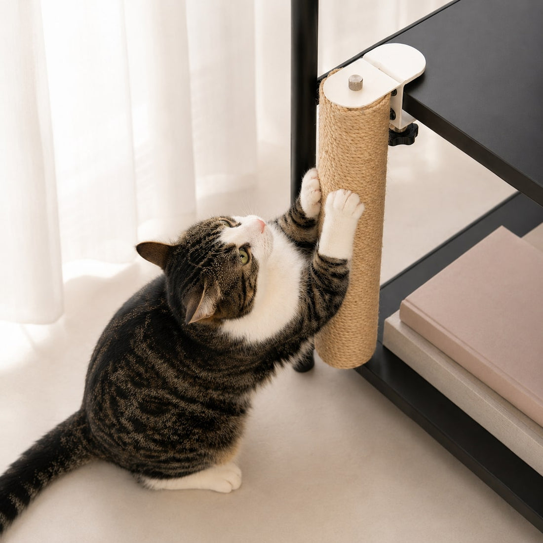 Shelfside no-drill cat scratching post attached to sturdy apartment furniture