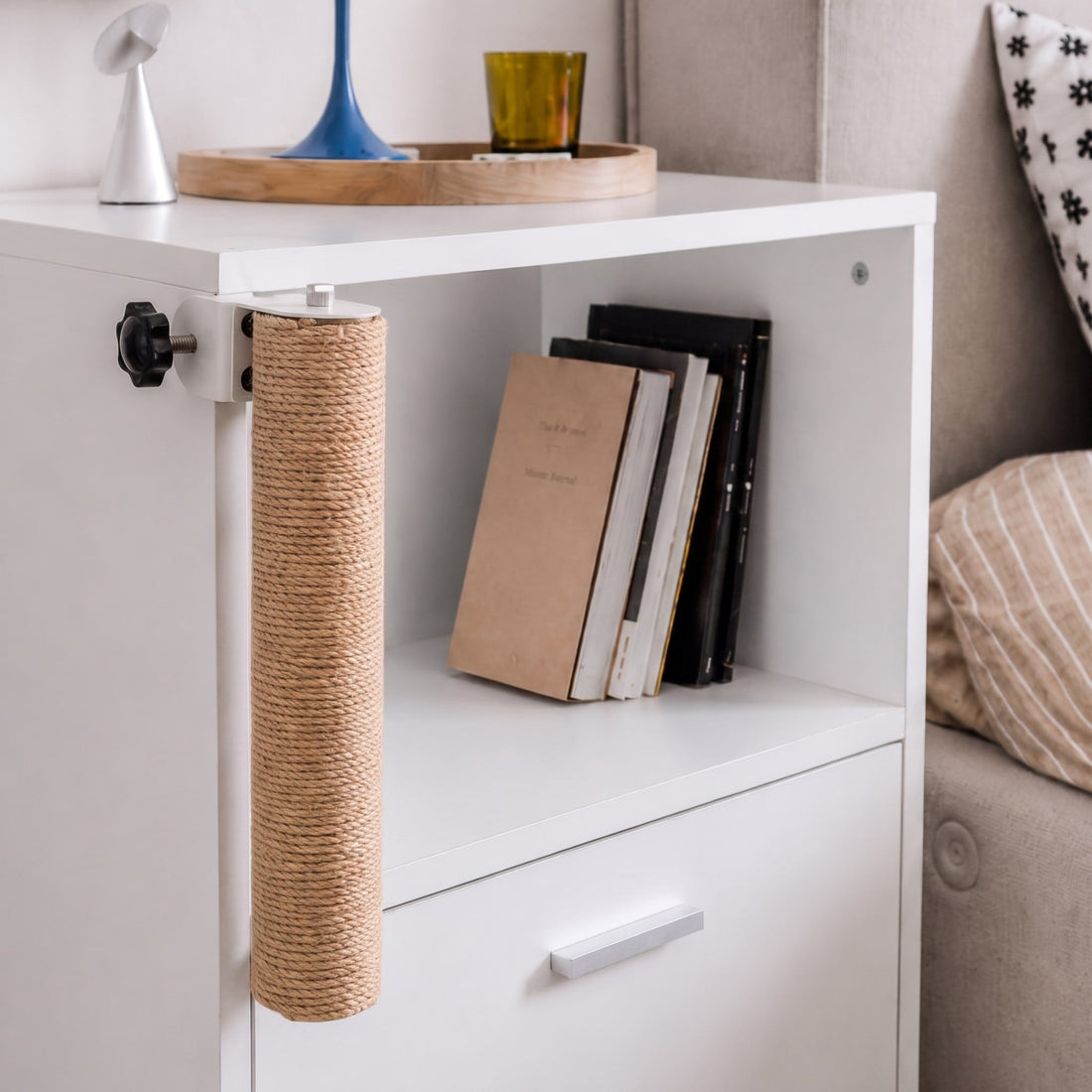 Cat beside a Shelfside scratching post in a home setting