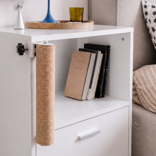 Cat using a Shelfside scratching post beside furniture in an apartment