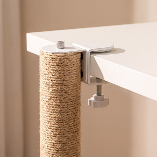 Shelfside clamp-on cat scratching post using the side of home furniture