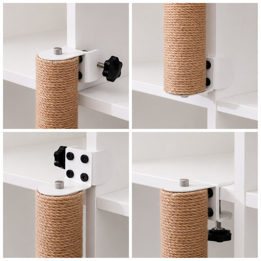 Renter-friendly Shelfside cat scratching post attached without drilling