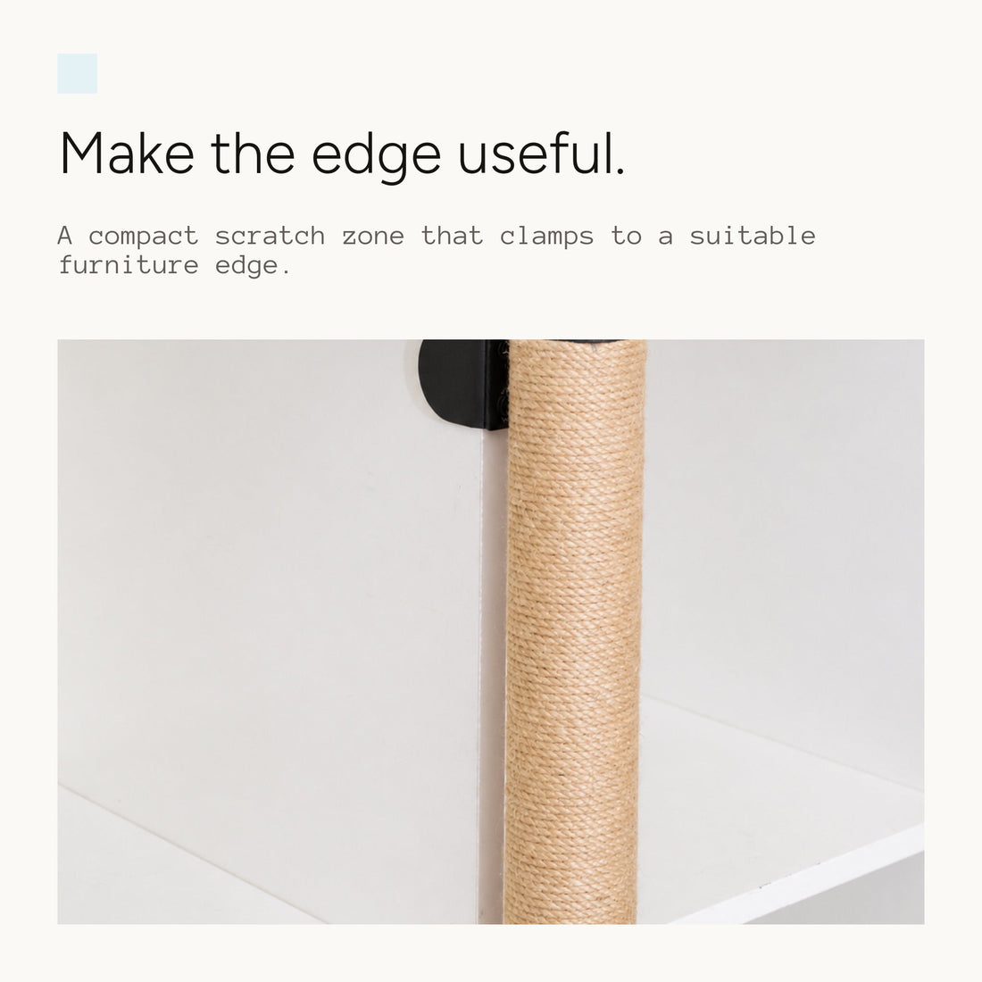 Slim clamp-on scratching post attached to the edge of white shelving
