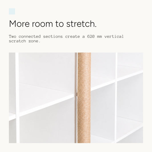 Connected two-section sisal scratching post mounted vertically to white shelving