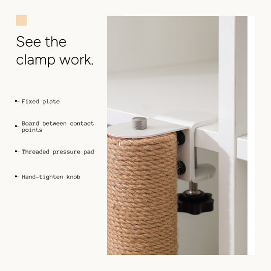 Close-up of a clamp-on sisal scratching post attached to a flat shelf edge