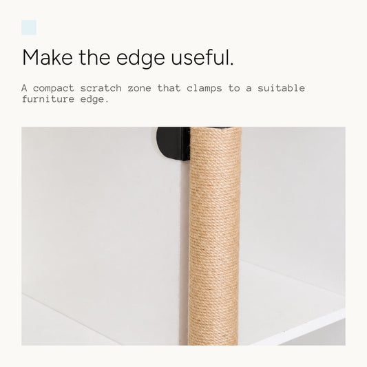 Natural-color sisal scratching post clamped to the edge of white shelving