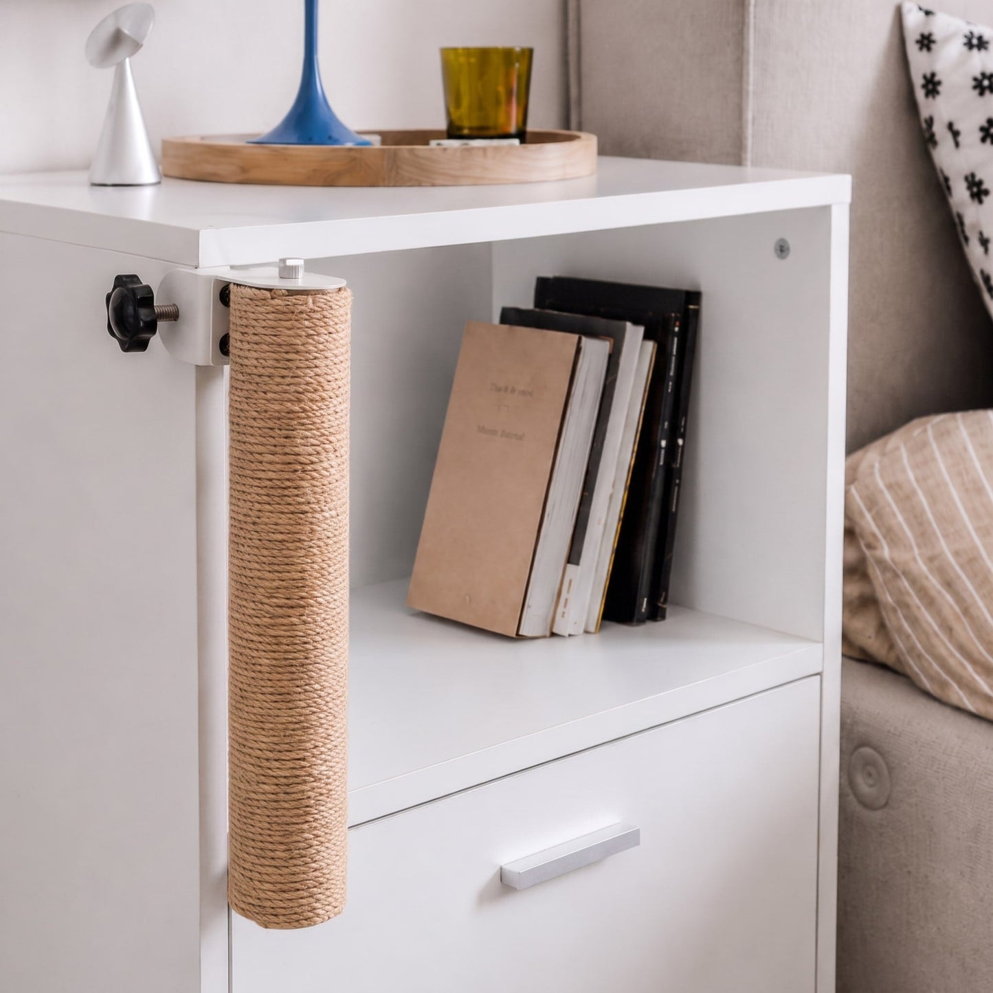 Clamp-on cat scratching post attached to a compatible cabinet edge
