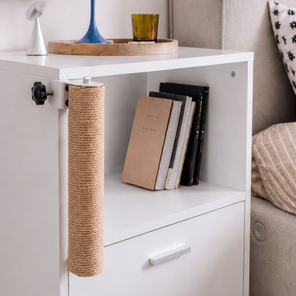 Clamp-on cat scratching post attached to a compatible cabinet edge
