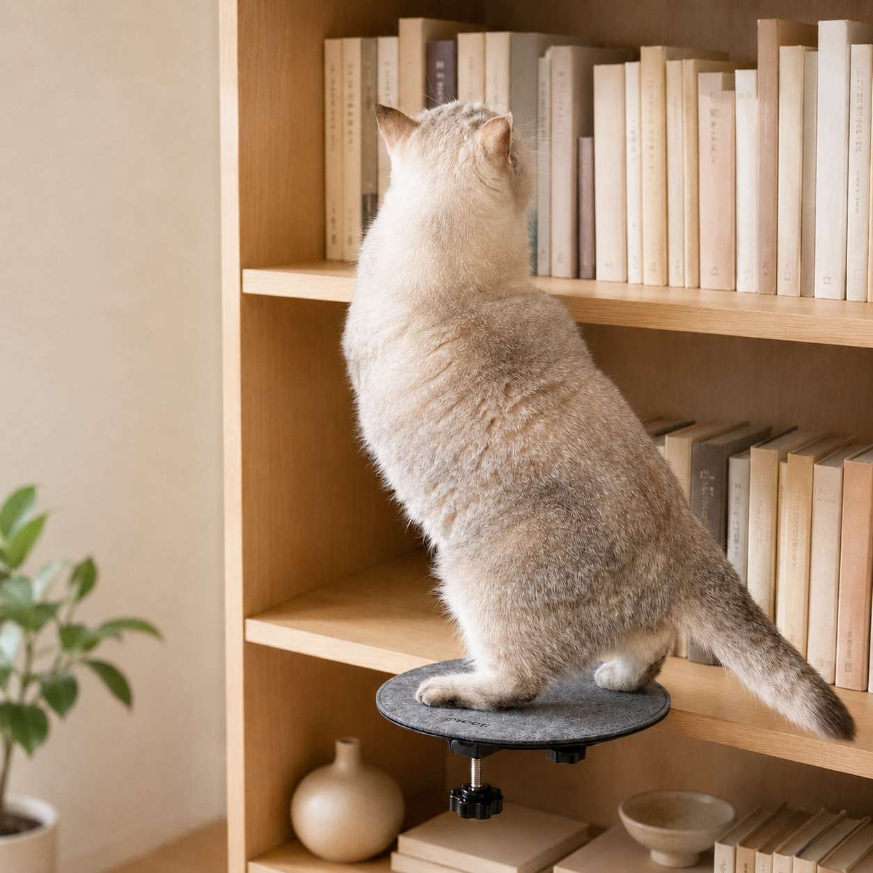 Cat standing on a gray felt clamp-on shelf beside a wooden bookcase