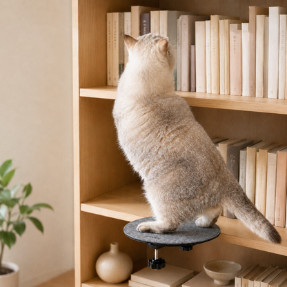 Cat standing on a gray felt clamp-on shelf beside a wooden bookcase