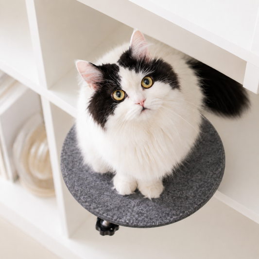 Black and white cat sitting on a gray felt clamp-on shelf in a white bookcase