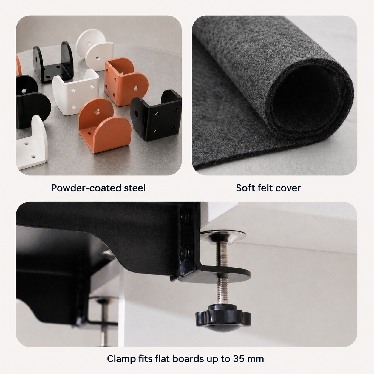 Clamp-on cat shelf materials and fit guide for boards up to 35 mm thick