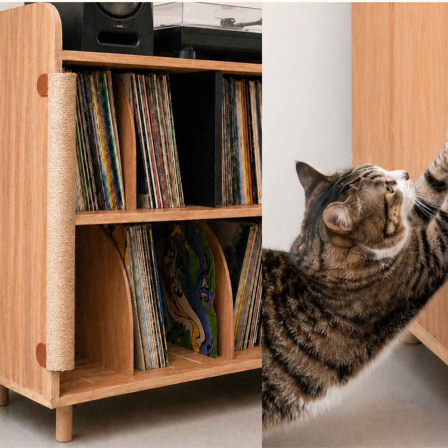 Double-section natural jute scratching posts installed on wooden furniture
