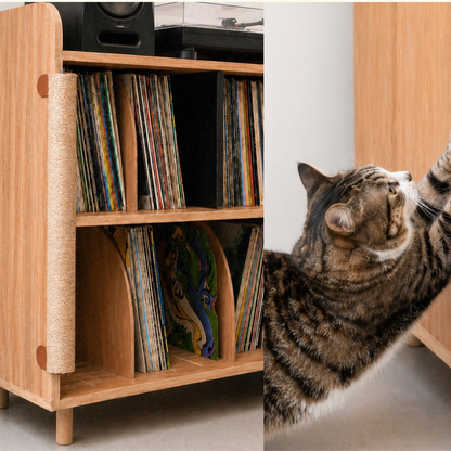 Double-section natural jute scratching posts installed on wooden furniture